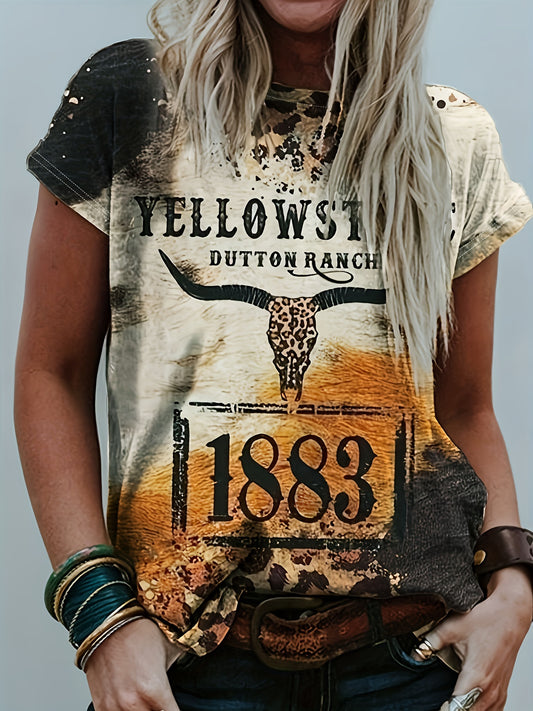 Letter & Cow Print T-shirt, Casual Leopard Print Crew Neck  Short Sleeve T-shirt, Women's Clothing