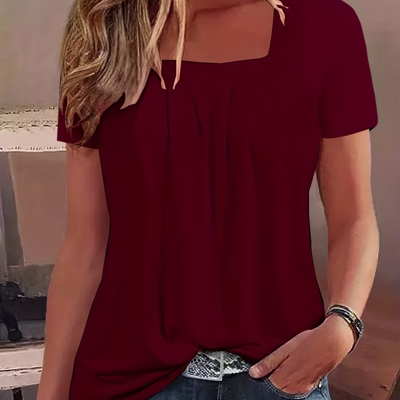 Square Neck Tucked T-Shirt, Casual Short Sleeve T-Shirt For Spring & Summer, Women's Clothing