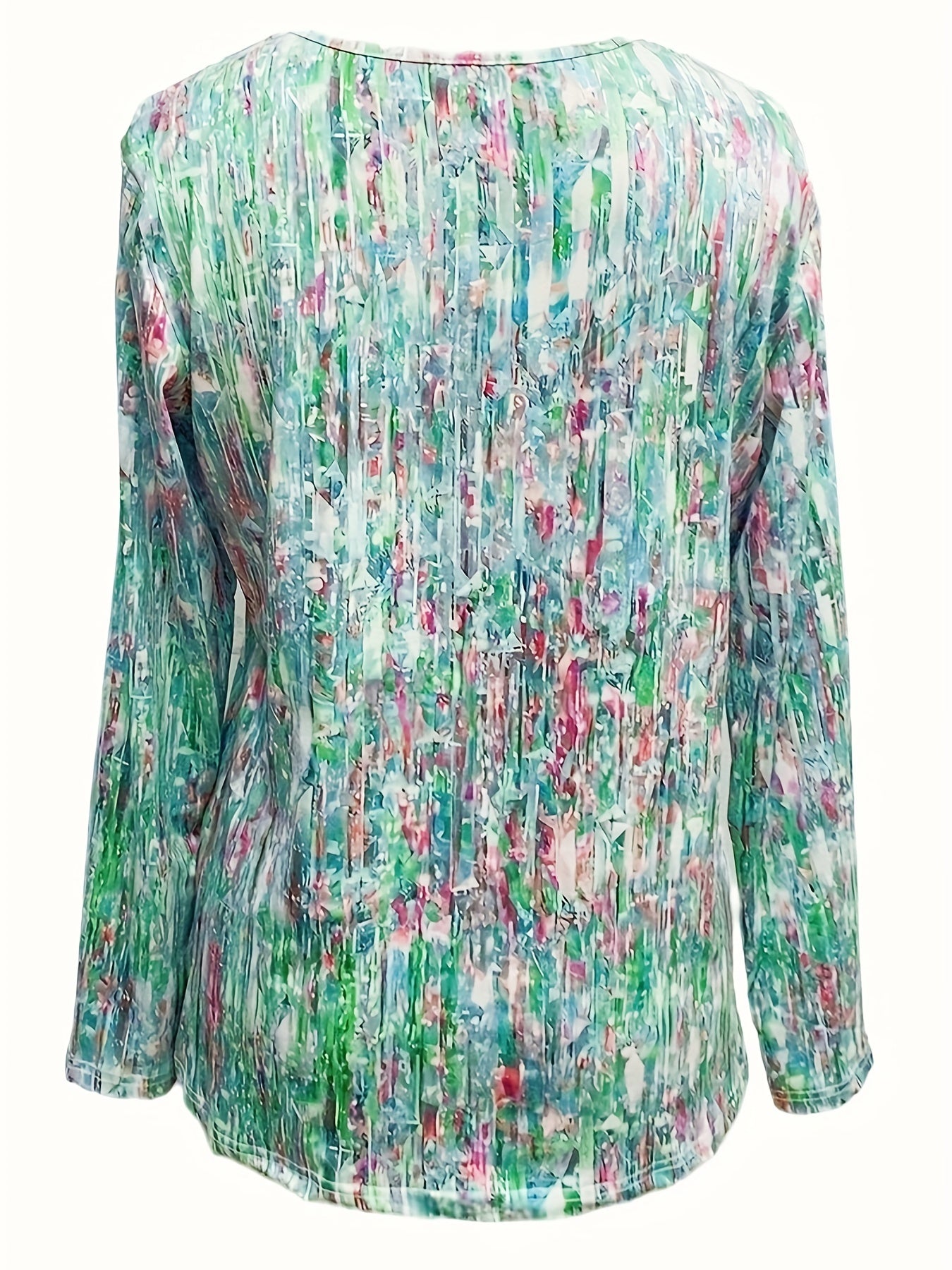 All Over Print Button Front T-Shirt, Casual Long Sleeve Top For Spring & Fall, Women's Clothing