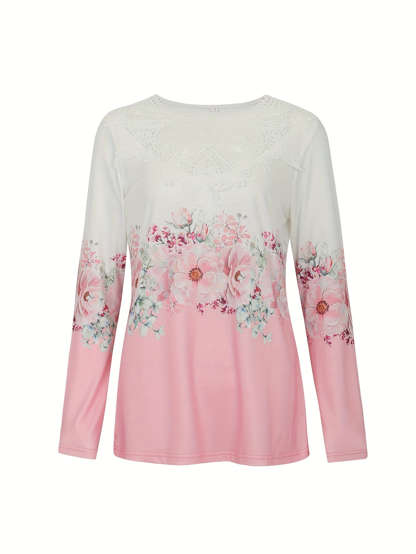 Floral Print Lace Stitching T-Shirt, Vintage Long Sleeve T-Shirt For Spring & Fall, Women's Clothing