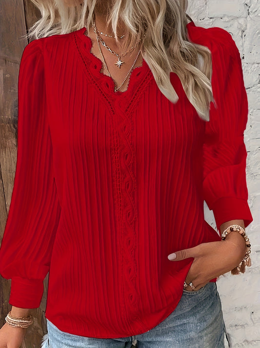 Textured Lace Stitching V Neck T-Shirt, Casual Long Sleeve Top For Spring & Fall, Women's Clothing