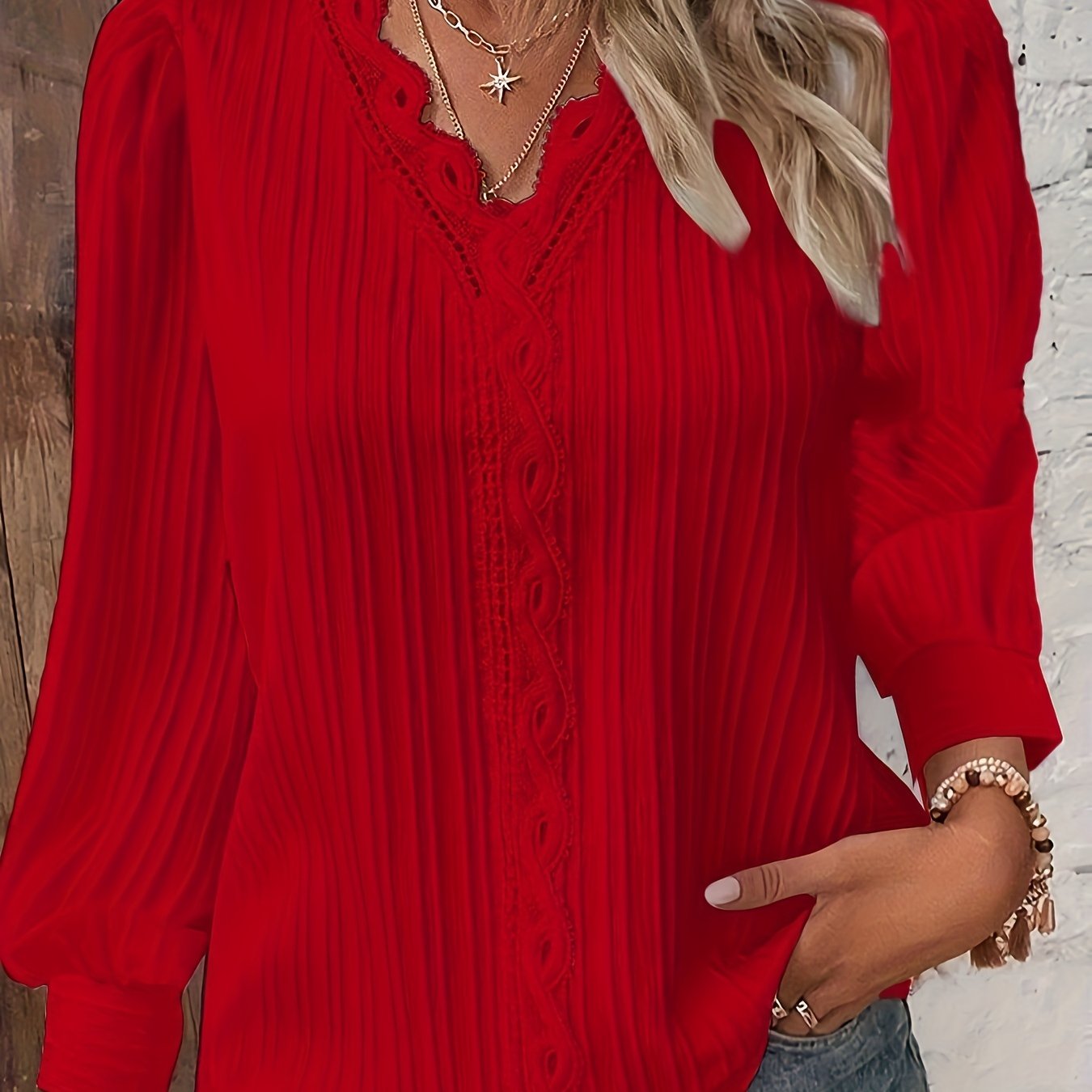 Textured Lace Stitching V Neck T-Shirt, Casual Long Sleeve Top For Spring & Fall, Women's Clothing